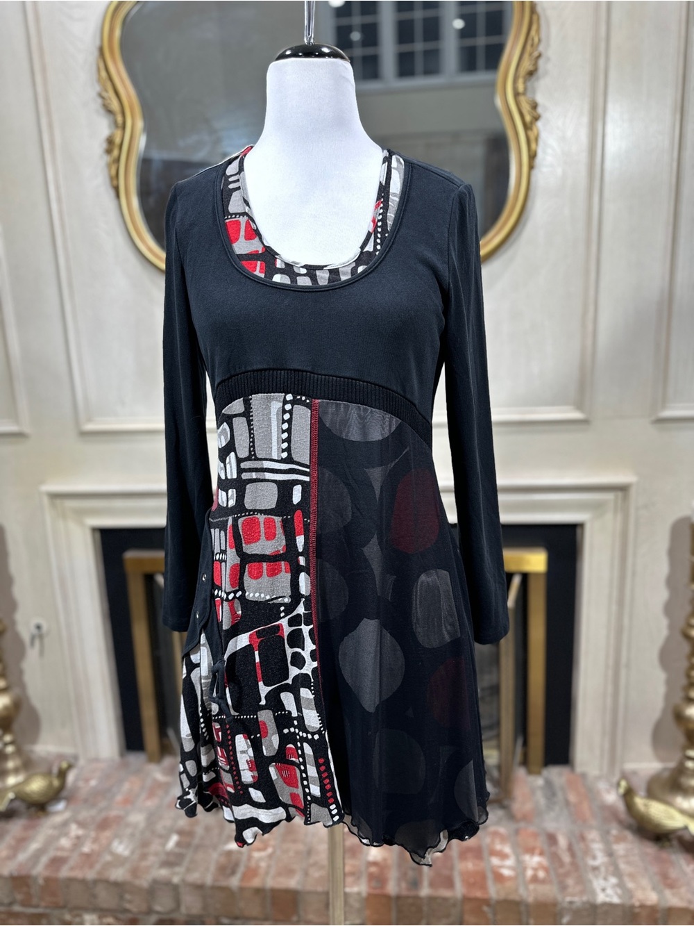 Joseph Ribkoff Dress 12 Black Abstract Tunic Mini Artsy Avant Garde Lagenlook